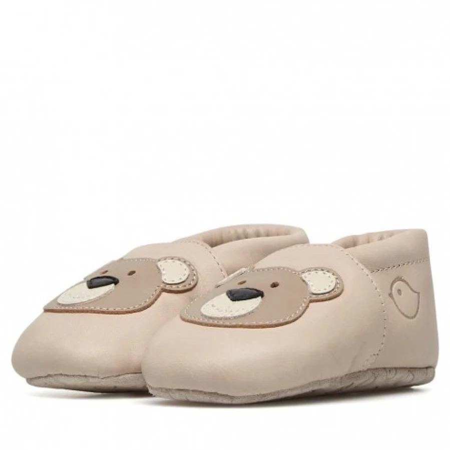 FALCOTTO Bitty Baby Crib Shoes with Soft Teddy Bear Patch - Beige Comfortable First Walkers for Newborns